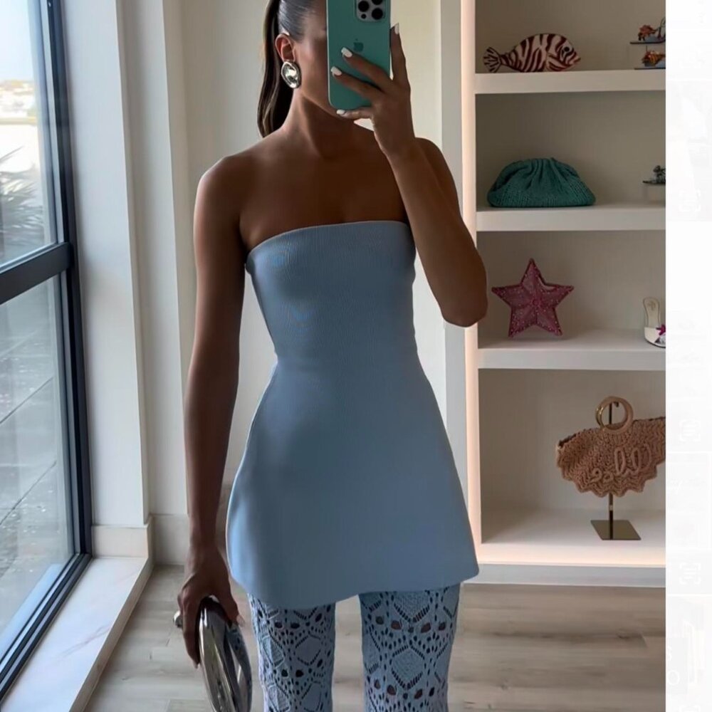 Meshki Annete Sky Blue Knit Strapless Top and Trena Sky Blue Crochet Pants